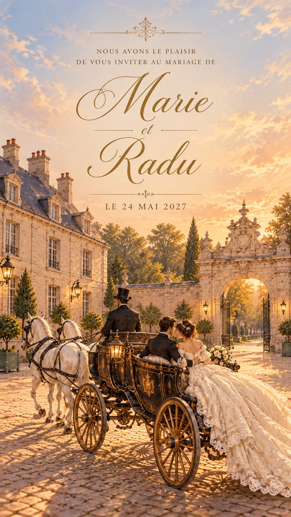 Marie et Radu en calèche devant le château, au coucher du soleil